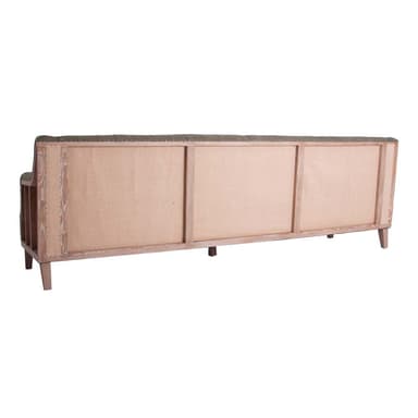 A three-seater sofa with a tufted backrest and seat cushions. The sofa features a prominent wooden frame with visible grain and detailing, supporting the upholstered seating area. The upholstery appears to be a textured fabric in a muted green hue. — 3D model
