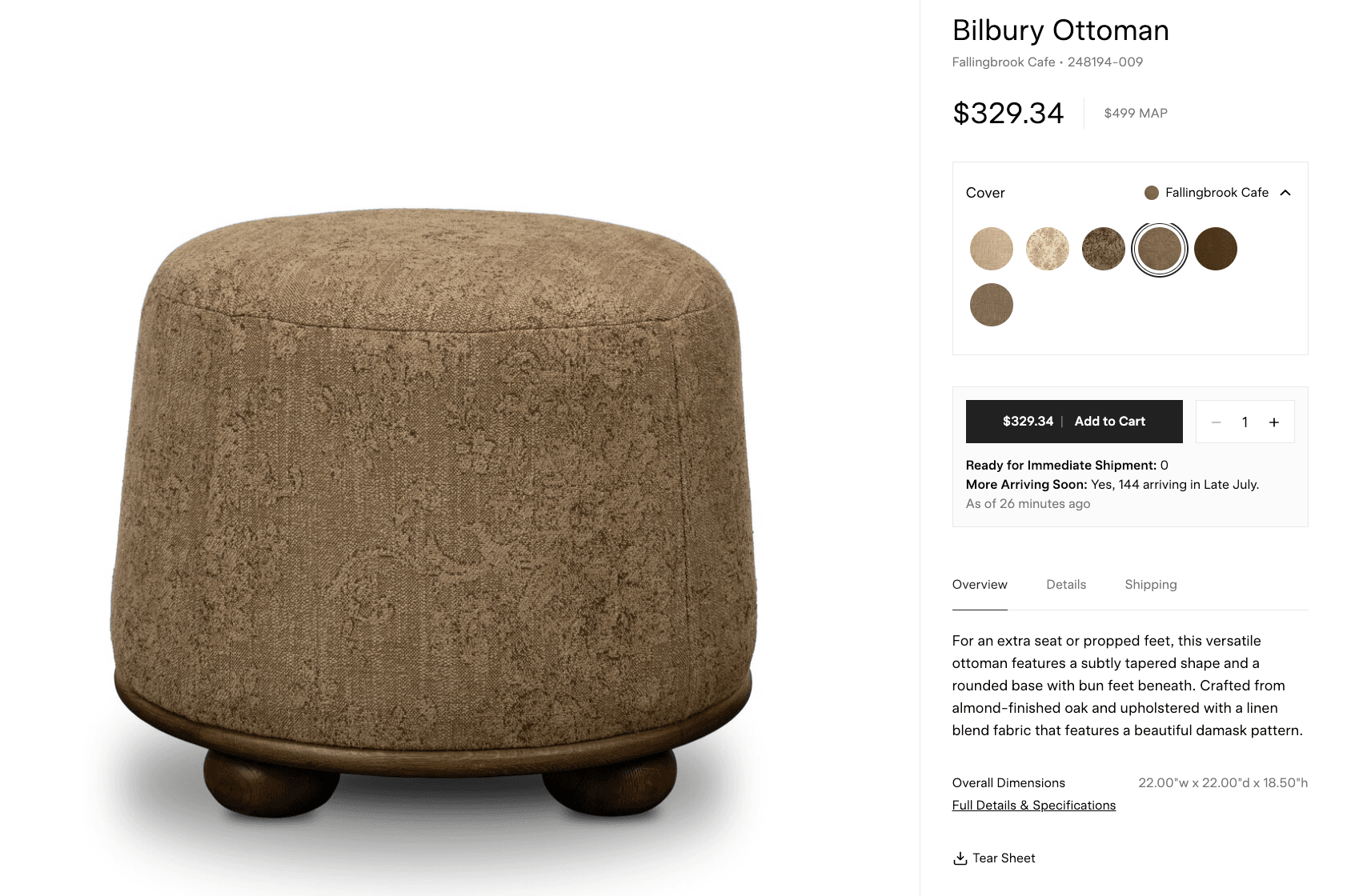 A round ottoman with a tapered shape and a wooden base featuring bun feet. The upholstery is a textured fabric with a damask pattern. The base appears to be made of wood with a dark finish. — 3D model