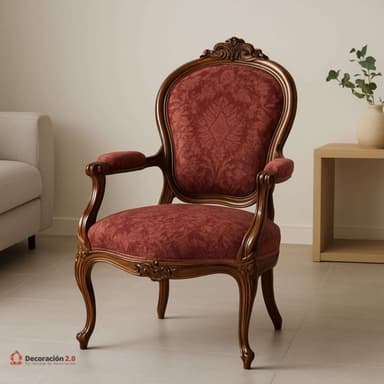 A single armchair featuring a dark, carved wooden frame and upholstered in a reddish-brown patterned fabric. The chair exhibits a distinctly Rococo or French Provincial aesthetic with its ornate detailing, cabriole legs, and curved backrest and armrests. — 3D model