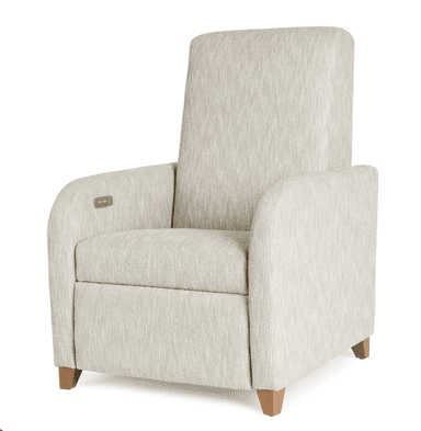 A modern upholstered recliner featuring a high back, broad track arms, and short, slightly tapered wooden legs. The chair is covered in a light beige, textured fabric and includes an integrated control panel for reclining functions on the inner right armrest. Its design is clean and contemporary. — 3D model