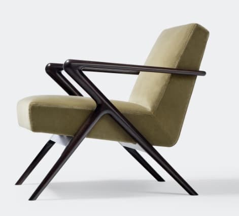 A Mid-Century Modern lounge chair featuring a distinctive sculptural wooden frame and upholstered cushions. The frame is made of dark-stained wood, forming an 'X'-like structure for the legs that extends upwards to create integrated armrests. The seat and backrest are upholstered in a muted olive-green or khaki fabric, providing a comfortable and stylish seating option. — 3D model