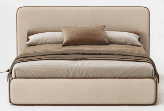 A modern upholstered bed frame with a rectangular headboard and a low-profile base. The frame features a rounded edge profile with a contrasting trim. The bed is dressed with linens, a throw blanket, and pillows. — 3D model