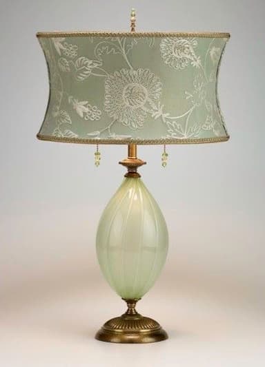 An ornate table lamp featuring a light green fabric lampshade with intricate white floral embroidery and scalloped edges, trimmed with a decorative braided cord. The shade has small beaded pulls dangling from its lower rim. The lamp's body is a segmented, ovoid form made of ribbed, translucent light green glass. It sits atop a circular, fluted base with an antique brass finish, which matches the neck and finial components. — 3D model