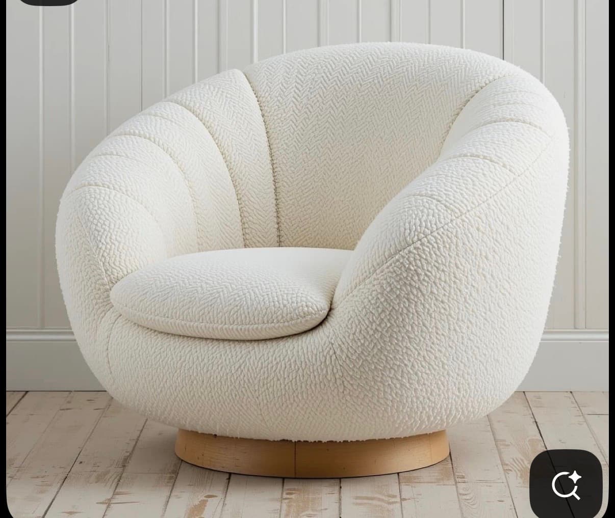 A contemporary rounded swivel lounge chair upholstered in a textured off-white boucle fabric, featuring a single seat cushion and a wooden plinth base. — 3D model