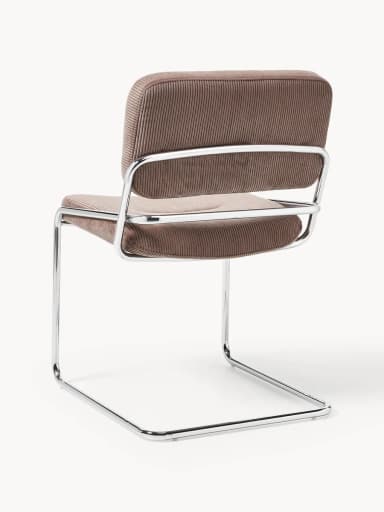 A modern cantilever side chair featuring a polished chrome tubular frame and plush brown corduroy upholstery for the seat and backrest. — 3D model