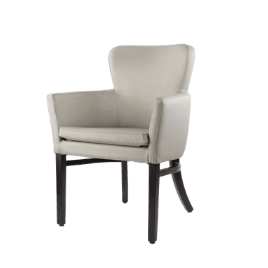 The image displays a technical drawing with dimensions of an upholstered armchair. The chair features a barrel-shaped backrest, integrated armrests, and a separate seat cushion. It is supported by four dark-finished, tapered wooden legs, with the rear legs showing a slight outward flare. The drawing includes various measurements for height, width, and depth. — 3D model