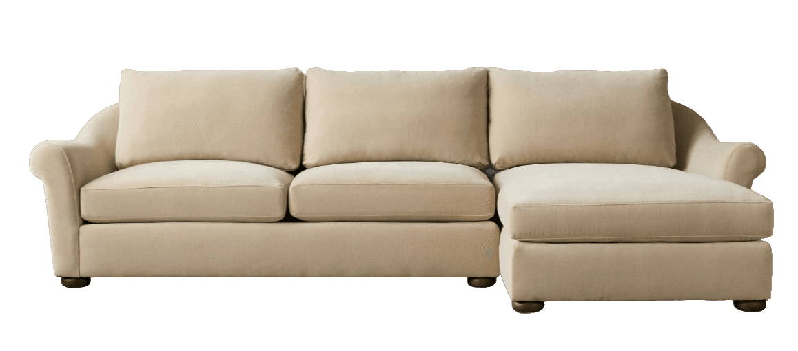 A light beige, three-seater sectional sofa featuring a right-hand facing chaise lounge, rolled arms, and plush, removable cushions. — 3D model