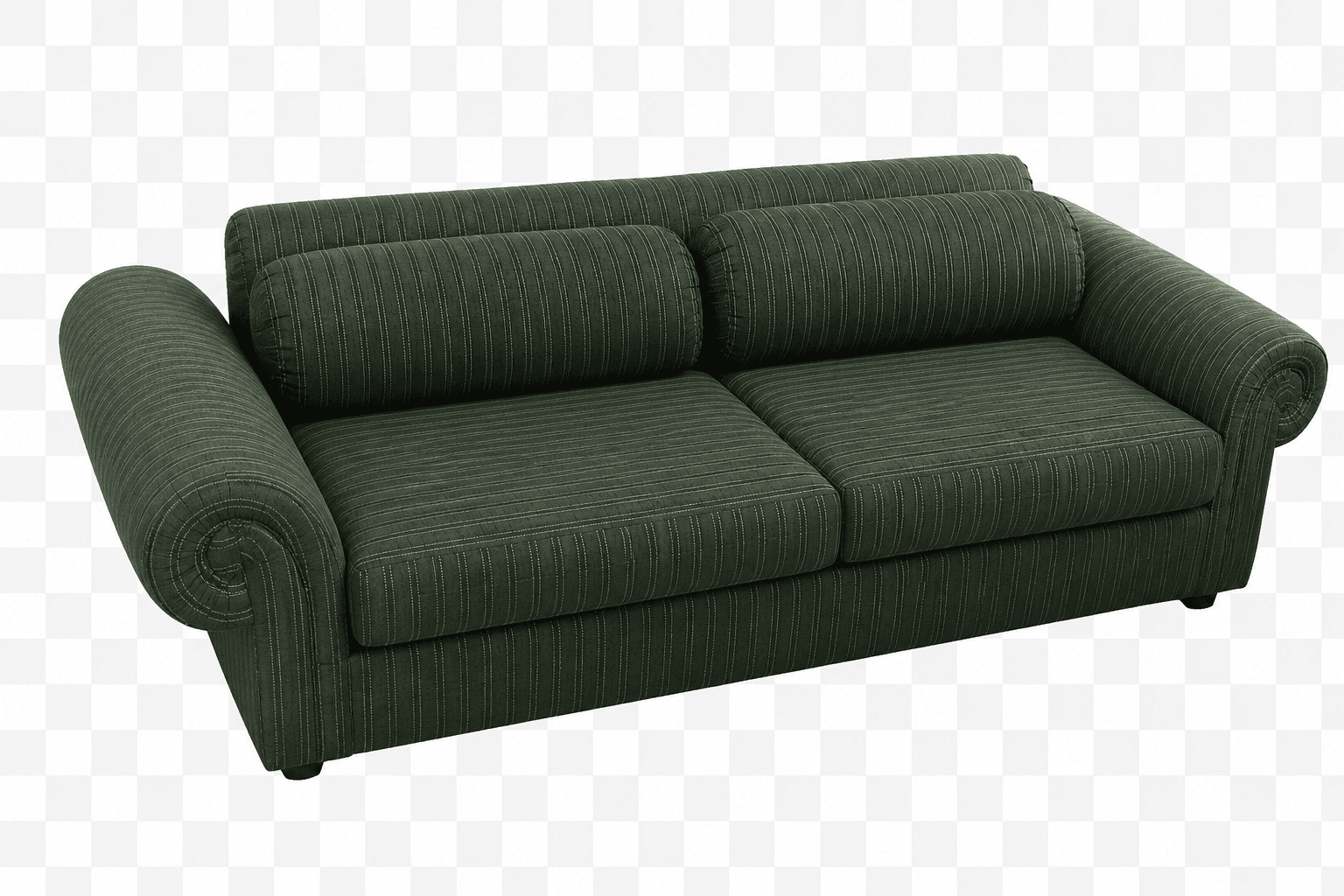 A dark green, two-seater sofa with a subtly striped fabric upholstery. It features rolled armrests and two matching back cushions. The sofa has a low profile with visible wooden feet. — 3D model