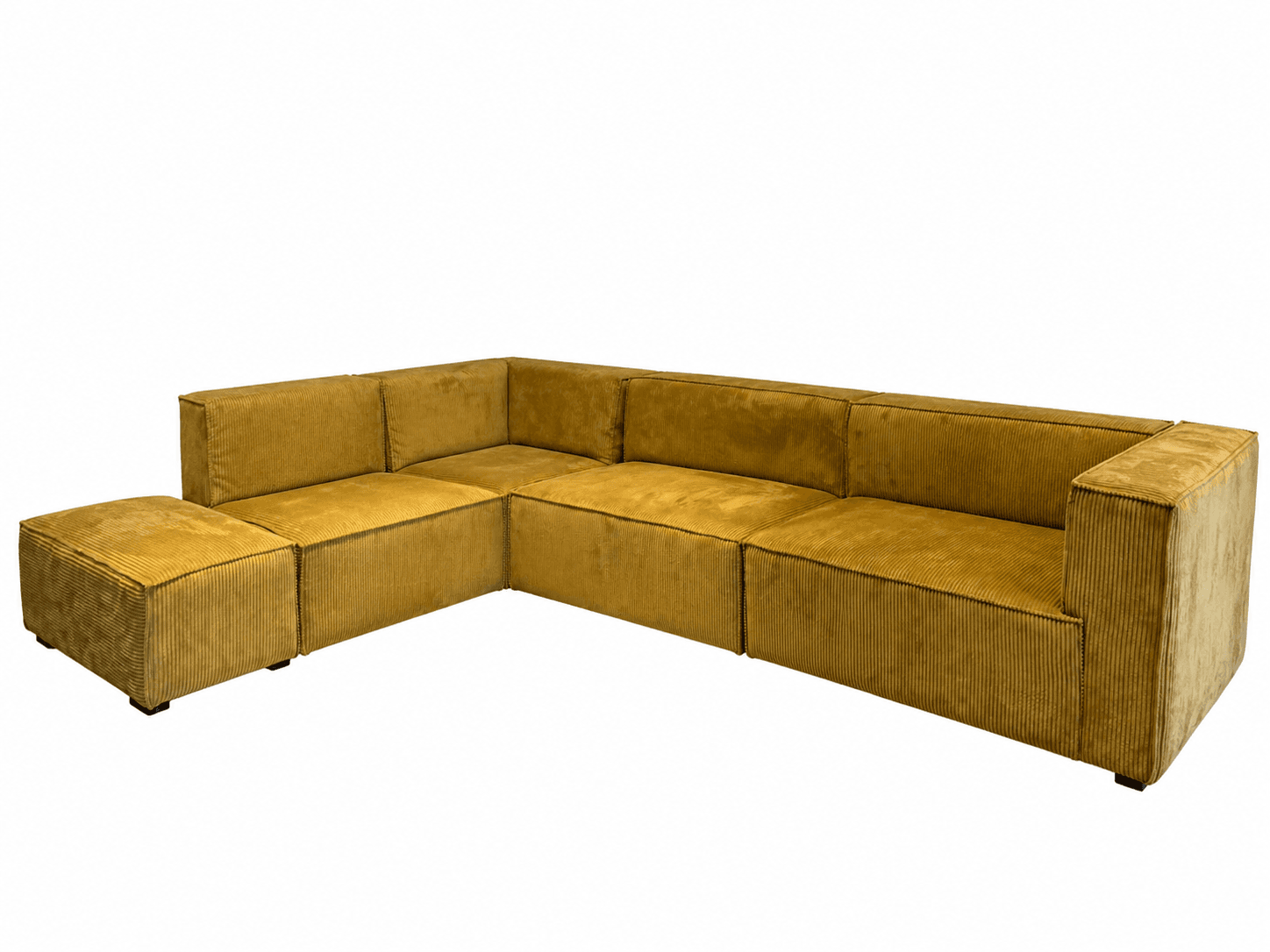 A modular sectional sofa with an attached ottoman. The sofa is configured in an L-shape, featuring multiple seating modules. The upholstery is a corduroy-like fabric, indicating a textured surface. The design is modern and minimalist, with clean lines and blocky forms. It is presented against a plain white background. — 3D model