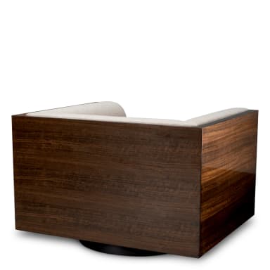 A modern lounge chair featuring a square, boxy dark wood veneer frame with a high-gloss finish, encasing a deeply upholstered interior in light-colored fabric. It sits on a discreet swivel base. — 3D model