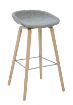 A bar stool with a molded, upholstered seat and a four-legged base made of light-colored wood. The seat is a shallow, curved shape, upholstered in a textured grey fabric. The legs are tapered and splayed outwards, connected by thin metal crossbars for stability. The overall design appears modern and minimalist. — 3D model