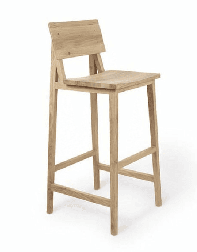 A modern, minimalist bar stool crafted from solid light-toned wood, featuring a square seat and a low backrest. The design incorporates clean lines with four straight legs connected by integrated footrests and crossbars for stability. The natural grain of the wood is visible, suggesting a clear or light finish. — 3D model