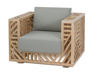 A modern armchair featuring a boxy, open-work frame crafted from light-toned wood with an intricate geometric slatted pattern. The chair includes a plush light gray fabric seat cushion and a matching back cushion, providing a comfortable seating surface within its architectural structure. The design emphasizes clean lines and a contemporary aesthetic. — 3D model