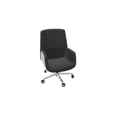 A contemporary black office chair featuring a high backrest, integrated armrests, and a polished metal five-star swivel base with casters. The backrest is characterized by horizontal quilted or padded segments. — 3D model