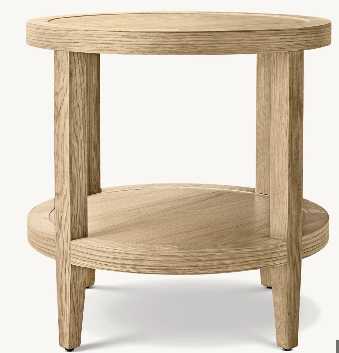 A contemporary round two-tier side table constructed from light oak wood, featuring a recessed top surface and a lower storage shelf, supported by four square legs. — 3D model