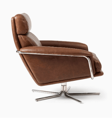 A brown leather armchair with a swivel base and a high back. The armchair features a polished metal frame and base, and the seat and back cushions are plush and appear to be filled with a soft material. The leather has a visible grain and a matte finish. — 3D model