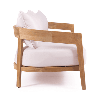 A two-seater sofa featuring a natural light-toned wooden frame, possibly teak, with an open back and armrests. The frame has clean lines and minimalist construction. It is fitted with thick, plush white fabric cushions for both the seat and back, providing a stark contrast to the wood. The design suggests a modern or contemporary aesthetic, suitable for both indoor and outdoor settings. — 3D model