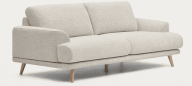 A contemporary two-seater sofa upholstered in a light beige, textured fabric, featuring rounded arms and back cushions. The sofa is supported by four light-toned, tapered wooden legs. — 3D model