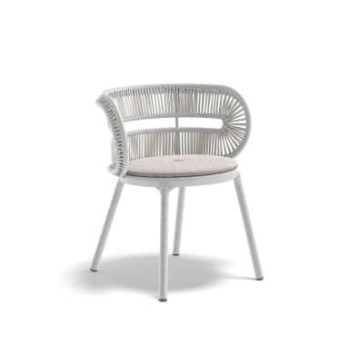 A contemporary armchair featuring a distinctive woven rope design for its backrest and integrated armrests. The chair has a sturdy powder-coated aluminum frame with four tapered legs. A light gray, button-tufted seat cushion provides comfort, contrasting subtly with the white woven rope and frame. — 3D model