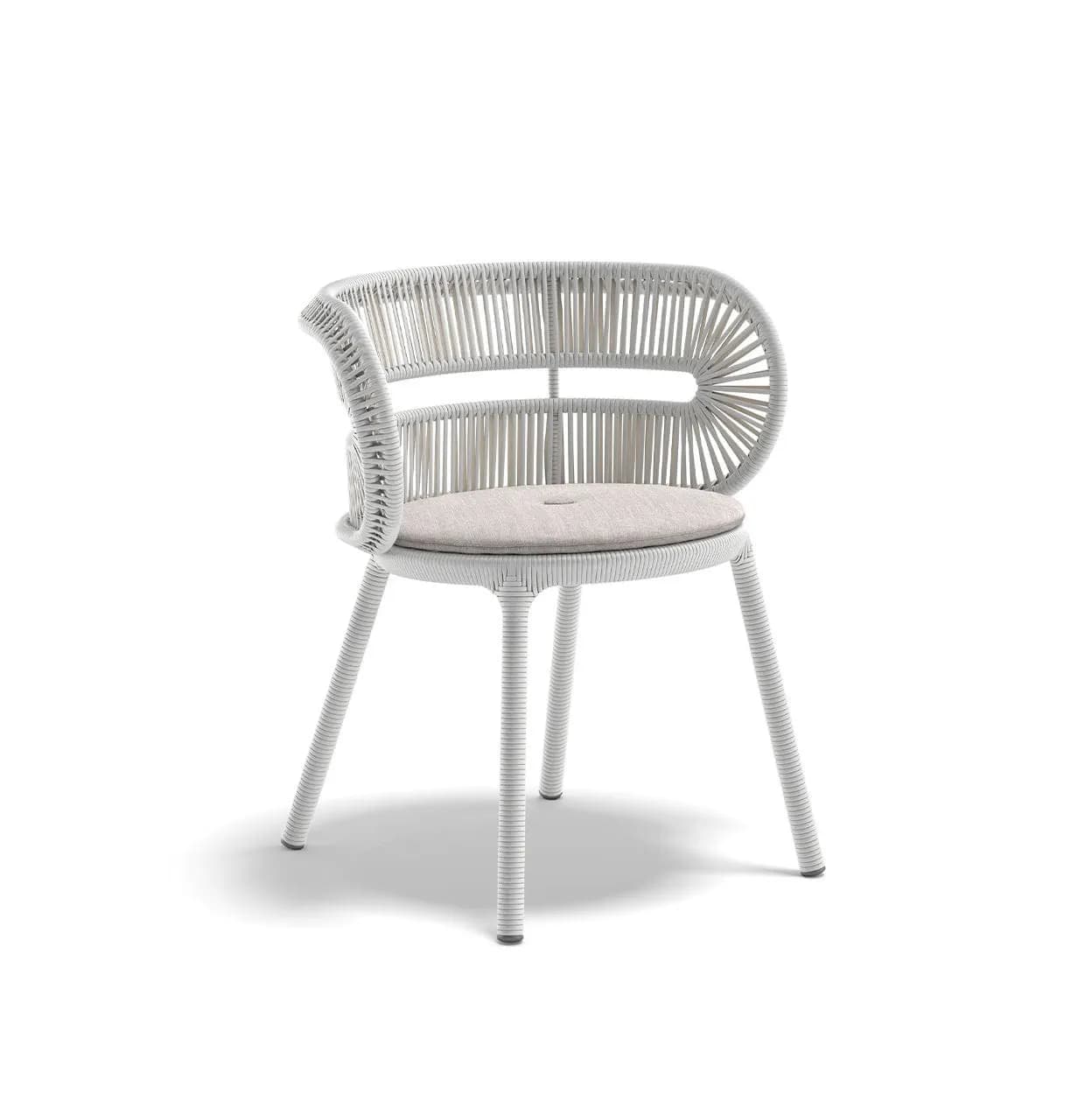 A contemporary armchair featuring a distinctive woven rope design for its backrest and integrated armrests. The chair has a sturdy powder-coated aluminum frame with four tapered legs. A light gray, button-tufted seat cushion provides comfort, contrasting subtly with the white woven rope and frame. — 3D model
