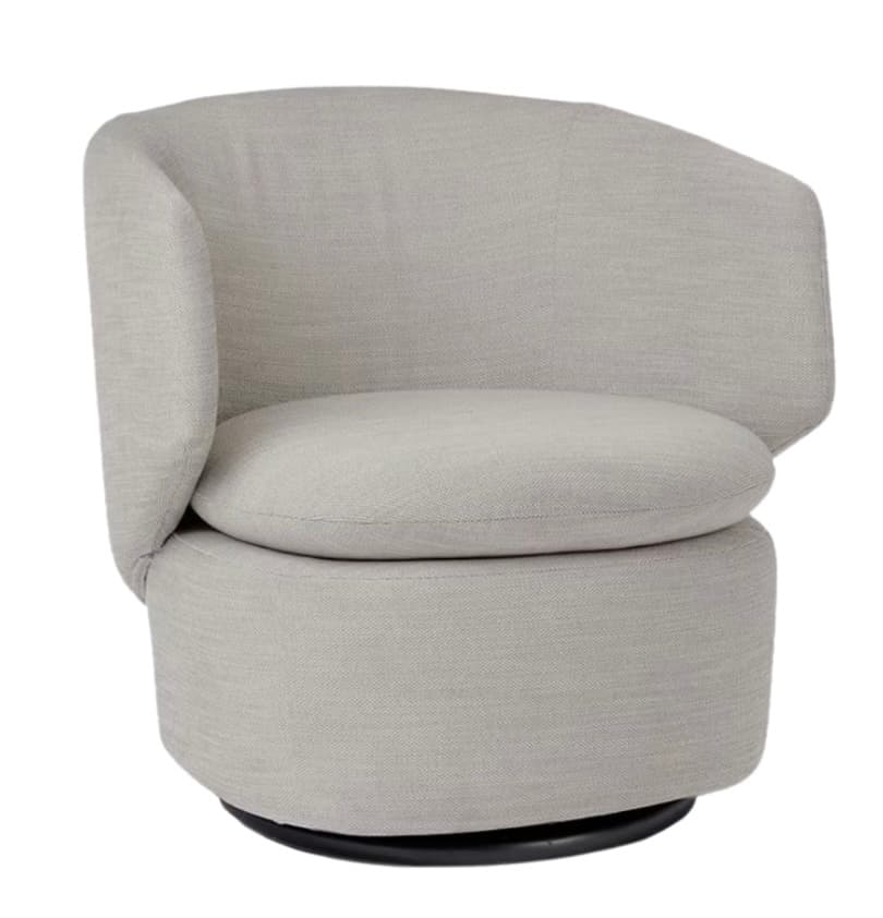 A contemporary upholstered armchair with a rounded back and integrated armrests. It features a swivel base, allowing for 360-degree rotation. The seat is a separate cushion atop a cylindrical base upholstered in the same fabric. — 3D model