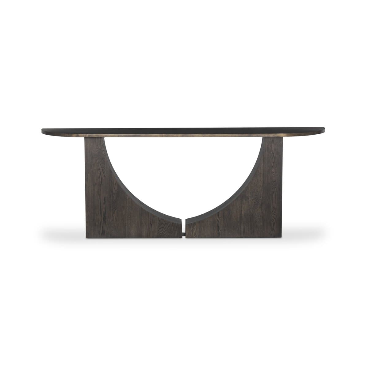 An elongated, modern console table featuring a dark, possibly black or very dark brown, rectangular top with subtly rounded edges. The tabletop is supported by a distinctive base composed of two large, dark wood-finished semicircular structures. These structures are positioned symmetrically, forming an open half-moon shape in the center. A slim, metallic trim, possibly brass or bronze, is visible along the edge of the tabletop where it meets the base, adding a touch of contrast and refinement. The overall design emphasizes clean lines and sculptural form. — 3D model