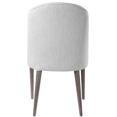 An armless upholstered dining chair featuring a gracefully curved high backrest and a fully cushioned seat, both covered in a light gray textured fabric. The chair is supported by four slender, tapered wooden legs with a dark, possibly walnut or espresso, finish. Its minimalist design and neutral color palette suggest a contemporary or transitional aesthetic. — 3D model