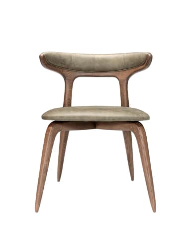 A contemporary dining chair featuring a curved wooden frame with dark stain and light grey/taupe upholstered seat and backrest, designed with integrated arm support. — 3D model