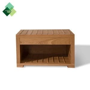 A rectangular, light brown wooden bench featuring a slatted top surface and an open storage shelf below, also with a slatted base. It has a modern, minimalist design and rests on a low plinth base. — 3D model