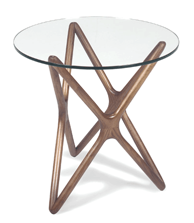 A modern accent table featuring a round, clear glass top supported by a sculptural wooden base. The base consists of multiple interconnected, curved wooden elements that create an organic, intertwined structure. — 3D model