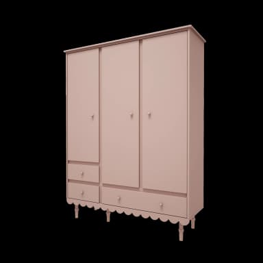 A rendered image of a three-door wardrobe in a muted pink finish, featuring five integrated drawers, rounded knob handles, a scalloped base trim, and short turned feet. — 3D model