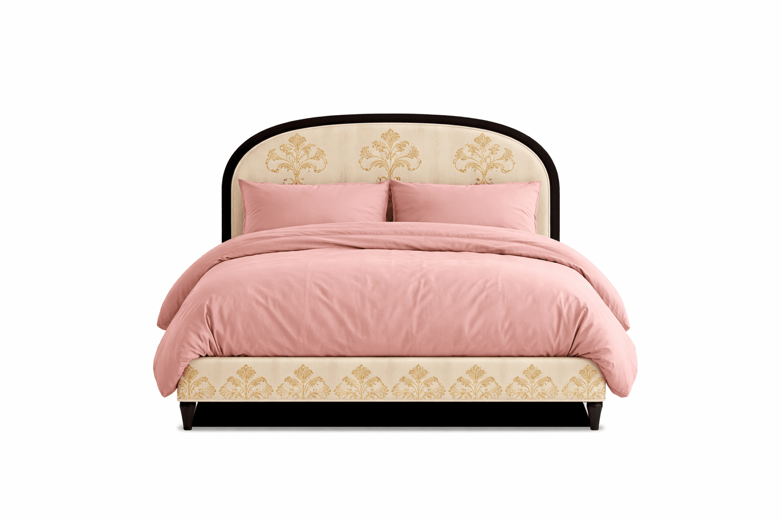 A bed with a curved, upholstered headboard and footboard. The headboard features a cream-colored fabric with an ornate gold damask pattern. The footboard also has a similar upholstered design with the gold pattern. The bed is dressed with pink bedding, including a duvet and two pillows. The frame appears to be dark wood or a dark metal. — 3D model