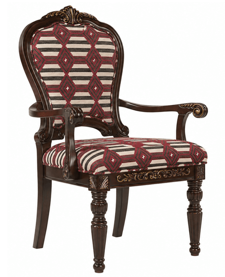 A wooden armchair with upholstered seat and back. The frame is dark brown, possibly stained wood, and features ornate carvings and detailing, particularly on the top crest and armrests. The upholstery has a geometric pattern with diamonds and stripes in red, black, white, and beige. The legs are turned and fluted, indicative of a traditional or classic style. — 3D model