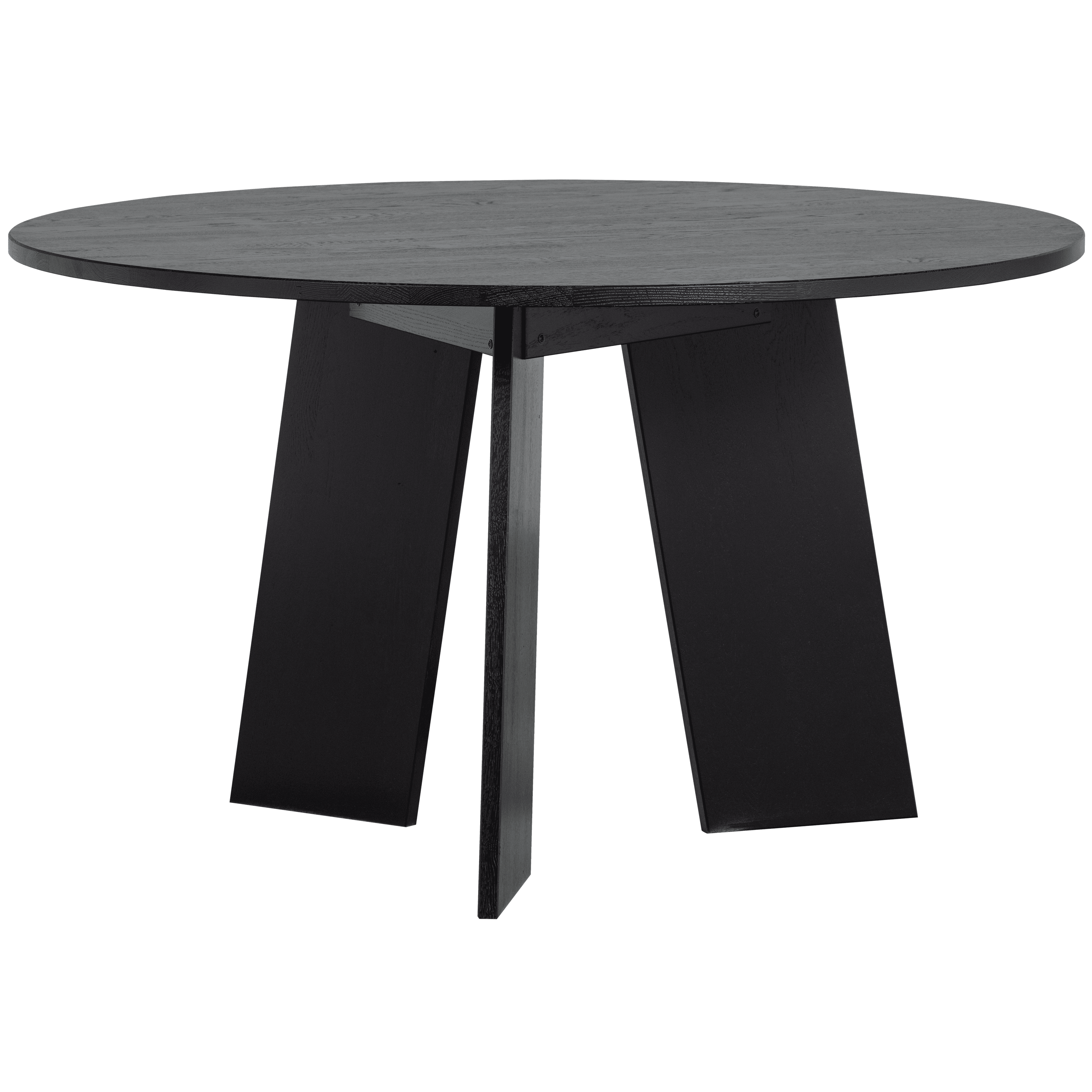 A modern, round dining table with a dark, possibly black, wood finish. It features a thick, circular tabletop supported by a unique pedestal base composed of three angled, flat panels that converge at the center. The base has a geometric, somewhat sculptural appearance. The wood grain is visible, suggesting it is either solid wood or a veneer. The overall aesthetic is minimalist and contemporary. — 3D model