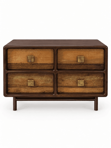 A compact, rectangular accent chest or small chest of drawers featuring a dark wood frame with smoothly rounded edges. It contains four individual drawers, each with a front made from a lighter, natural wood exhibiting varied grain patterns. Each drawer is fitted with a small, square brass pull handle. The unit is supported by four slender, tapered peg legs. — 3D model