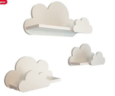 An off-white, cloud-shaped wall shelf designed for children's rooms or nurseries. It features a whimsical cloud silhouette as its back panel, with a flat, rectangular shelf surface protruding forward. A smaller, decorative cloud shape is attached to the right side of the main cloud. The overall design is simple, clean, and modern with a playful touch, intended for mounting directly to a wall. — 3D model