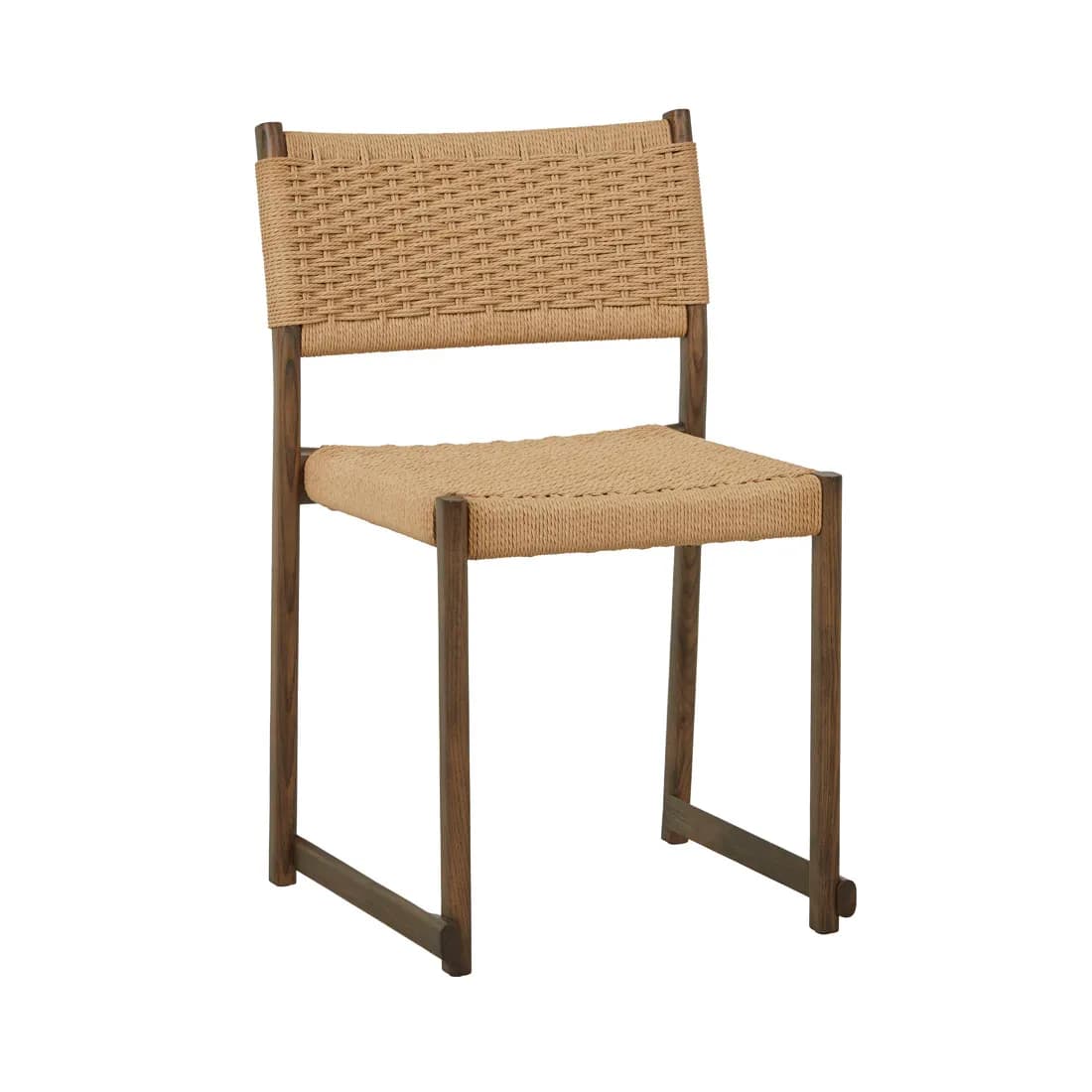 A contemporary dining chair featuring a dark wood frame with a woven rope seat and backrest. The design is minimalist and emphasizes natural materials and texture. — 3D model