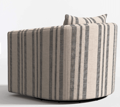 A contemporary upholstered barrel armchair featuring a cream-colored fabric with vertical black stripes. The chair has a rounded back and arms, a loose seat cushion, and an accompanying throw pillow. It sits on a subtle swivel base, making it versatile for various room configurations. — 3D model