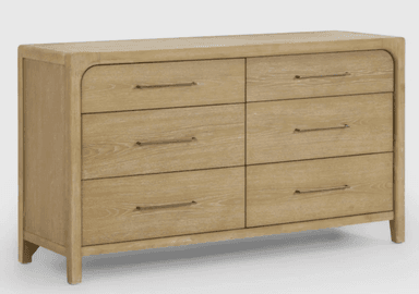 A contemporary six-drawer dresser featuring a light wood finish, visible wood grain, and sleek horizontal metal pull handles. The top and side edges are softly rounded, and it stands on integrated, short block legs. — 3D model
