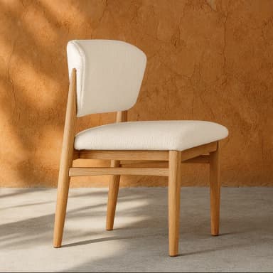 An armless dining chair featuring a light-toned wooden frame and fully upholstered seat and back in a cream bouclé-style fabric. The frame has four tapered legs, and the backrest is gently curved. — 3D model
