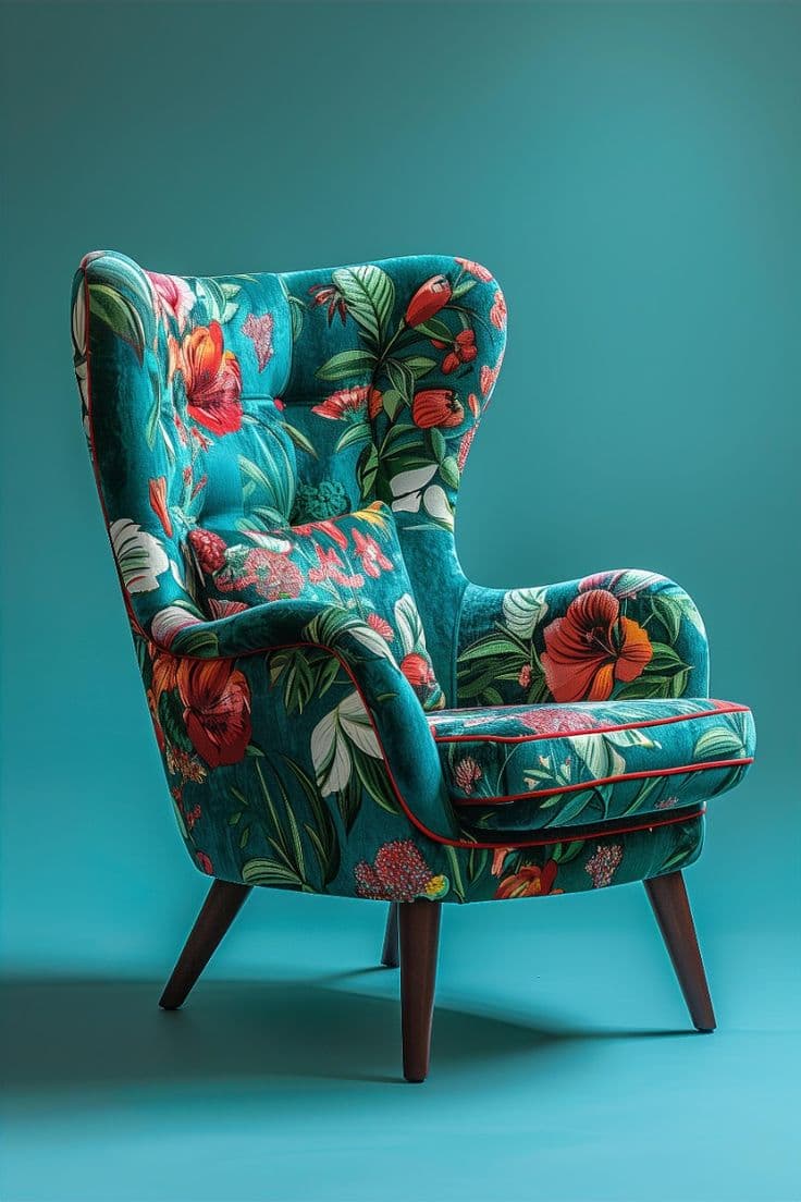 A vibrant wingback armchair featuring a teal background with an elaborate tropical floral pattern, upholstered in a rich fabric. The chair has prominent wings, a button-tufted backrest, and a single seat cushion. It is supported by four dark, tapered wooden legs. Red piping outlines the edges of the cushions and the chair's structure, adding a defined contrast to the colorful upholstery. — 3D model