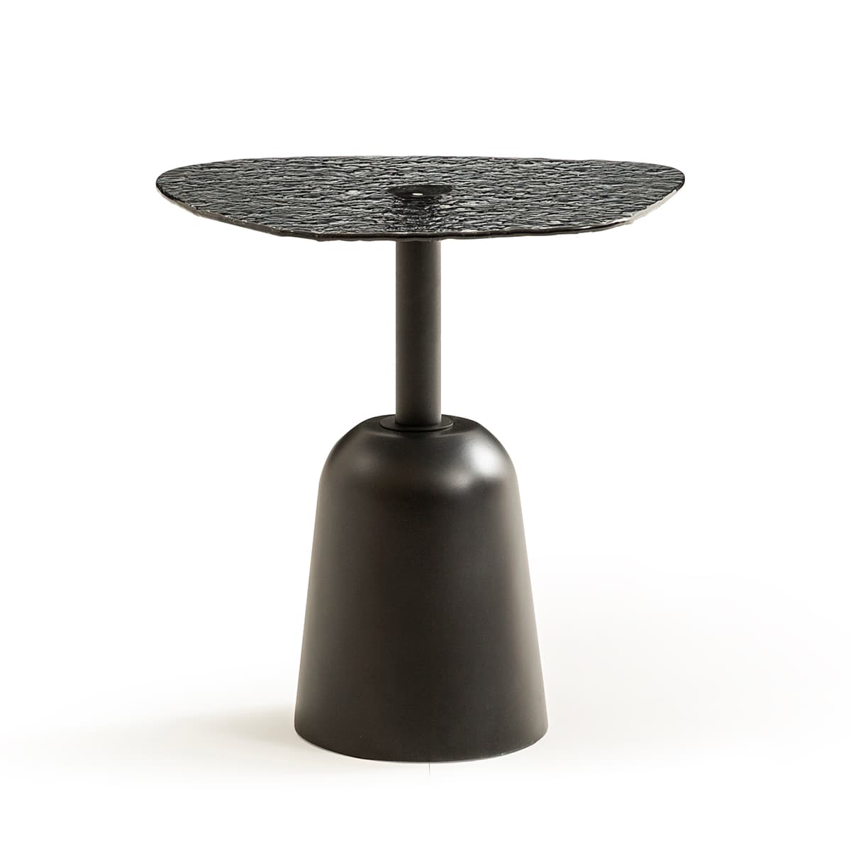 A modern black accent table featuring a distinctive textured top and a sculptural bell-shaped base. The table has a matte black finish throughout, with a cylindrical stem connecting the top to the base. The disc-shaped top presents a rough, organic, or geological texture, contrasting with the smooth, conical form of the base. — 3D model