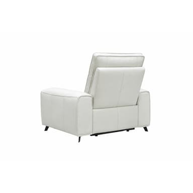 A modern reclining armchair upholstered in white leather, featuring a segmented backrest with an adjustable headrest, sleek track arms, and minimalist black metal legs. The chair is depicted in a slightly reclined position. — 3D model