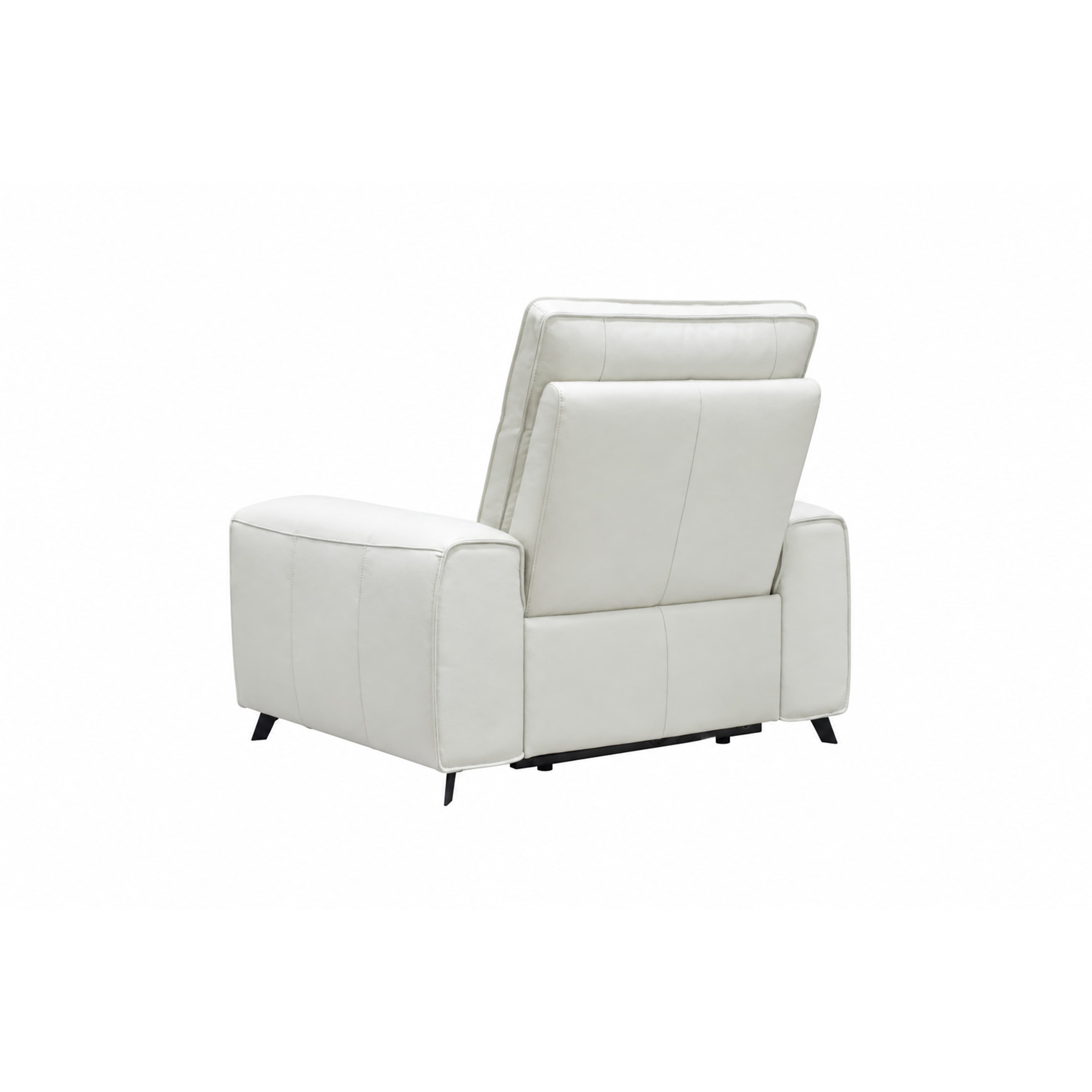 A modern reclining armchair upholstered in white leather, featuring a segmented backrest with an adjustable headrest, sleek track arms, and minimalist black metal legs. The chair is depicted in a slightly reclined position. — 3D model