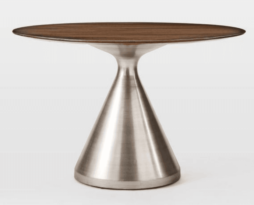 A round table featuring a dark wood top and a brushed metal pedestal base, indicative of mid-century modern design. — 3D model