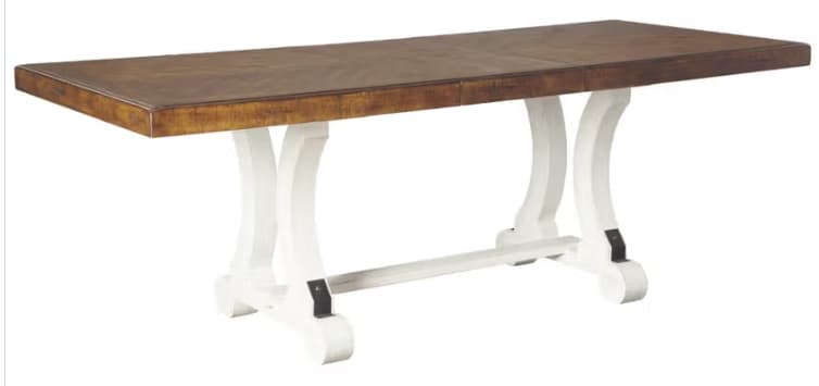 A rectangular dining table with a planked wood top featuring a parquet pattern and a contrasting white trestle base. The base has curved legs connected by a central stretcher with black metal accents. — 3D model
