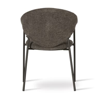 A contemporary upholstered chair, viewed from the back, featuring a rounded, bucket-style back and seat covered in textured dark gray fabric, supported by slender, dark metal legs. — 3D model