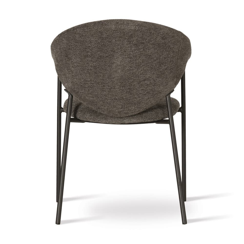 A contemporary upholstered chair, viewed from the back, featuring a rounded, bucket-style back and seat covered in textured dark gray fabric, supported by slender, dark metal legs. — 3D model
