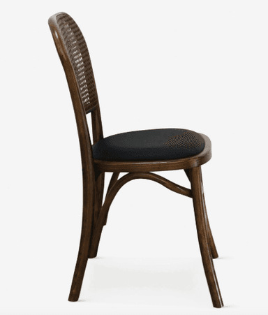 A classic bentwood chair featuring a dark-stained wooden frame, a cane mesh backrest, and an upholstered dark fabric seat. — 3D model