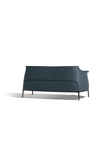 A modern two-seater loveseat featuring dark blue, possibly petrol or teal-colored, leather upholstery. The backrest exhibits a distinctive pleated or ruched design, adding texture and visual interest. The seat cushions appear smooth and clean-lined. The frame is supported by slender, dark-finished metal legs that extend from the base, giving the piece a light and elevated appearance. The arms are gently curved and integrated into the overall sleek silhouette. The design is contemporary with an emphasis on minimalist form and luxurious material. — 3D model